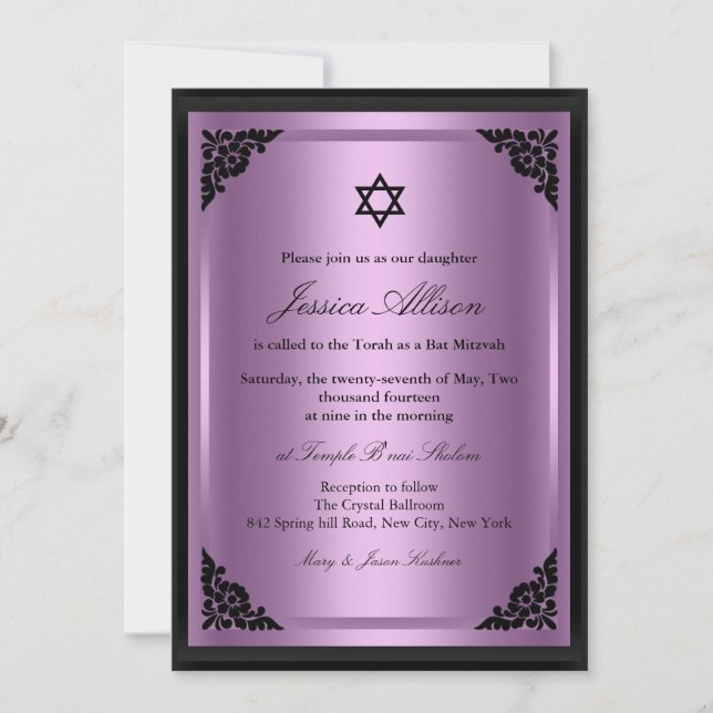 Elegante invitación a Mitzvah con púrpura y bate n (Anverso)