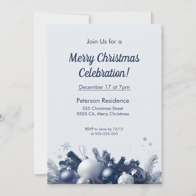 Elegante invitación a Navidades azules y blancos (Anverso)