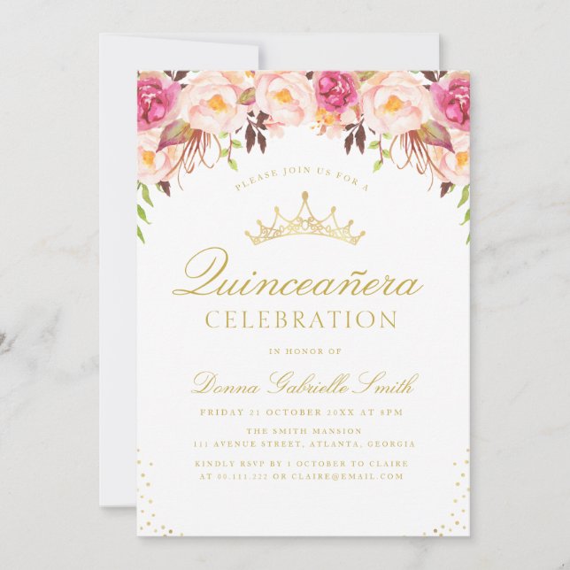 Elegante invitación a Quinceanera con flores de co (Anverso)