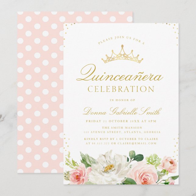 Elegante invitación a Quinceanera con flores de co (Anverso / Reverso)