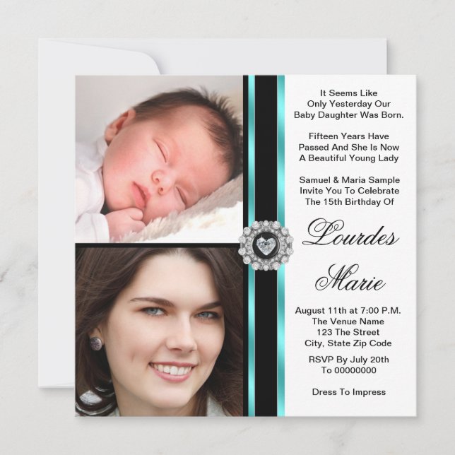 Elegante invitación a Quinceanera con foto azul Ve (Anverso)