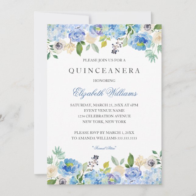 Elegante Invitación a Quinceanera Floral Azul (Anverso)