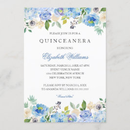 Elegante Invitación a Quinceanera Floral Azul
