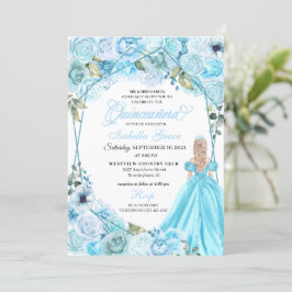 Elegante invitación a Quinceanera floral azul ciel