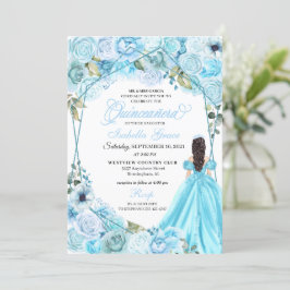 Elegante invitación a Quinceanera floral azul ciel