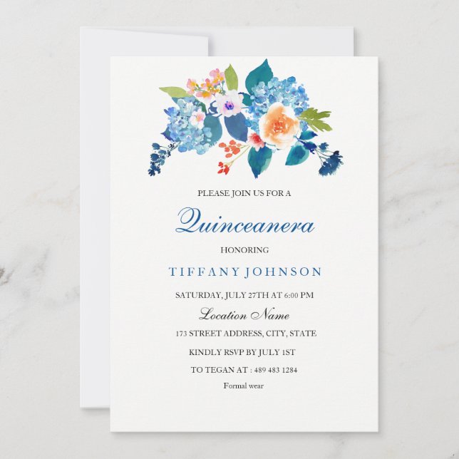 Elegante Invitación a Quinceanera Floral Azul y Pe (Anverso)