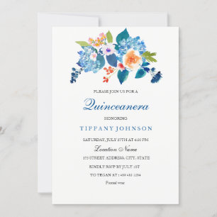 Elegante Invitación a Quinceanera Floral Azul y Pe
