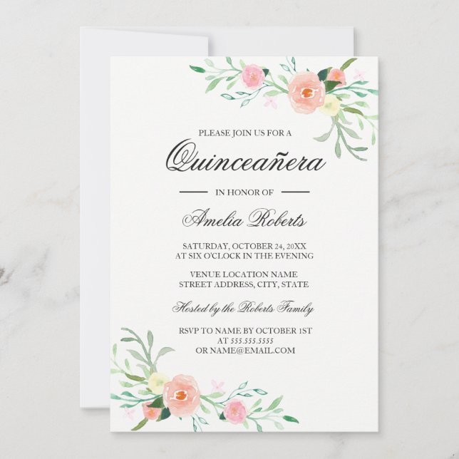 Elegante Invitación a Quinceanera Floral de acuare (Anverso)