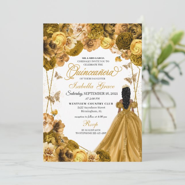 Elegante Invitación a Quinceanera floral de oro (Anverso de pie)