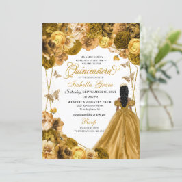Elegante Invitación a Quinceanera floral de oro