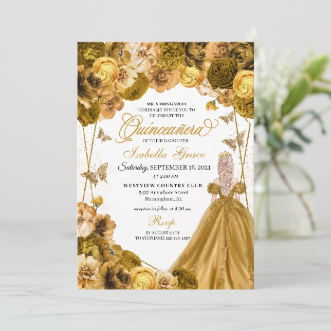 Elegante Invitación a Quinceanera floral de oro (Anverso de pie)