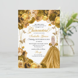 Elegante Invitación a Quinceanera floral de oro