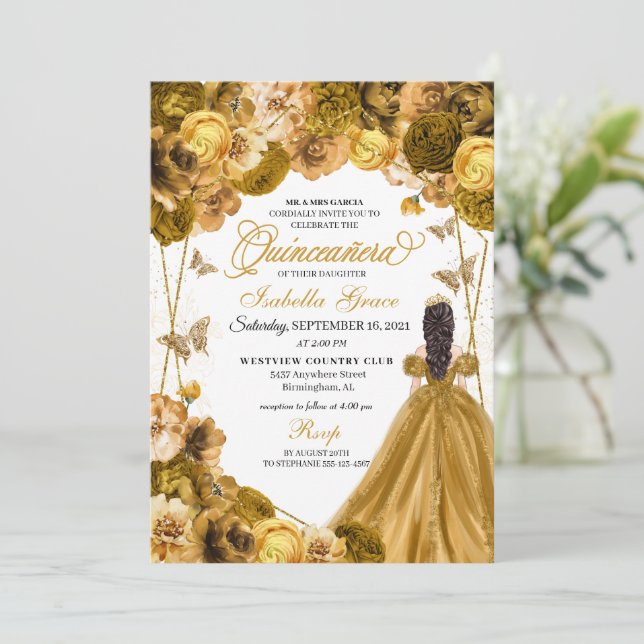 Elegante Invitación a Quinceanera floral de oro (Anverso de pie)
