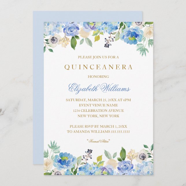 Elegante Invitación a Quinceanera floral de oro az (Anverso / Reverso)