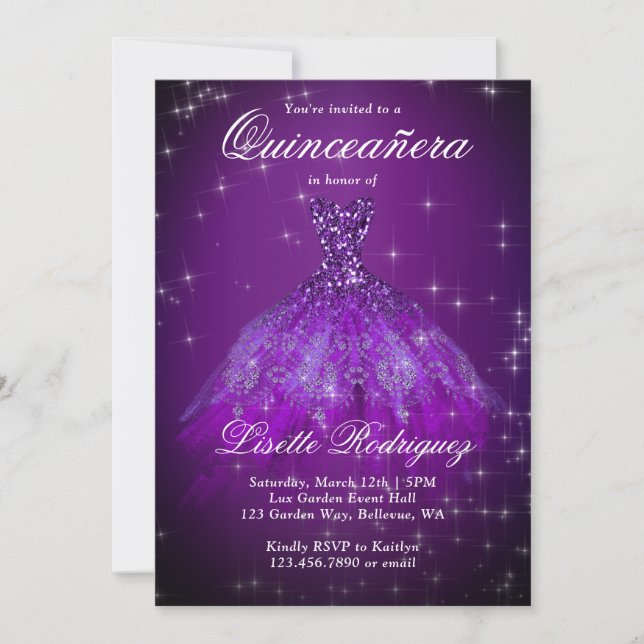 Elegante Invitación a Quinceanera Púrpura Oscura (Anverso)