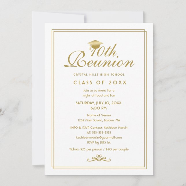 Elegante Invitación a Reunión de Clase 10 de Oro B (Anverso)