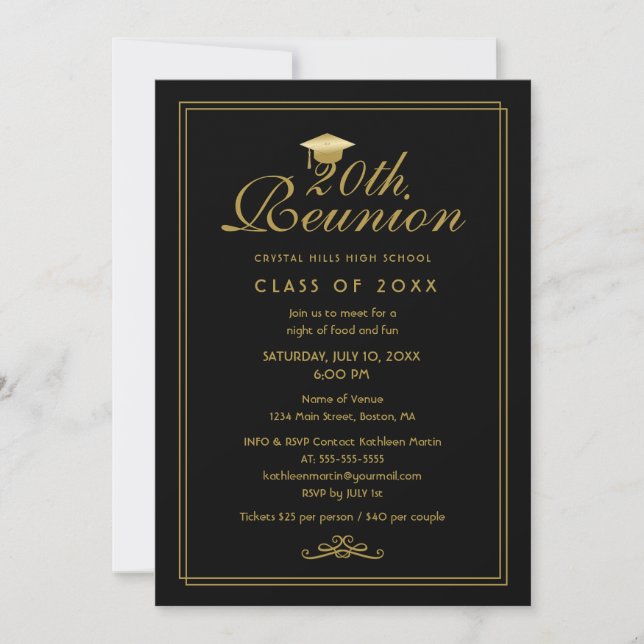 Elegante Invitación a Reunión de Clase 20 de Oro N (Anverso)