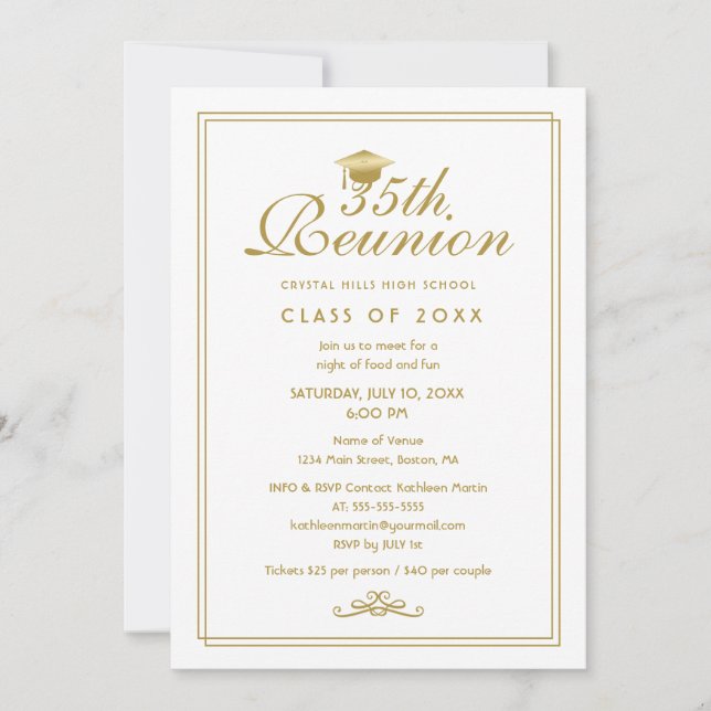 Elegante Invitación a Reunión de Clase 35 de Oro B (Anverso)