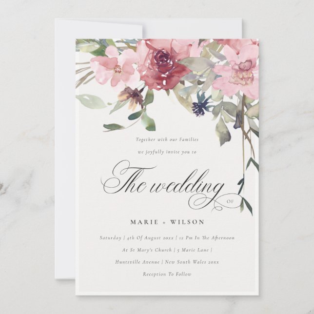 Elegante Invitación a una boda floral Rosa Dusky R (Anverso)