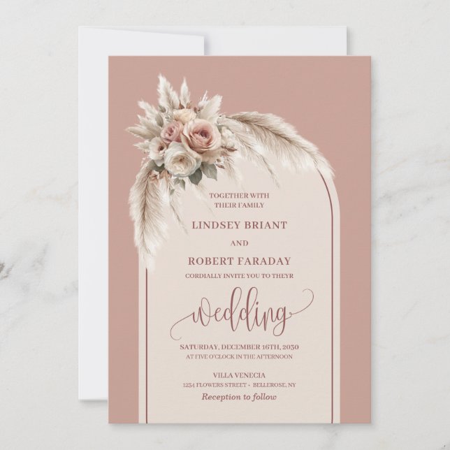 Elegante invitación a una boda floral rosa y polvo (Anverso)