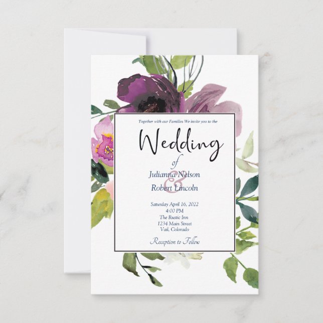 Elegante invitación a una boda floral rosa y viole (Anverso)