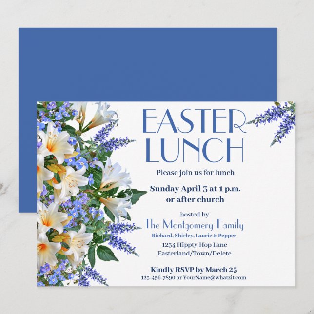 Elegante invitación al almuerzo de Pascua Azul y B (Anverso / Reverso)