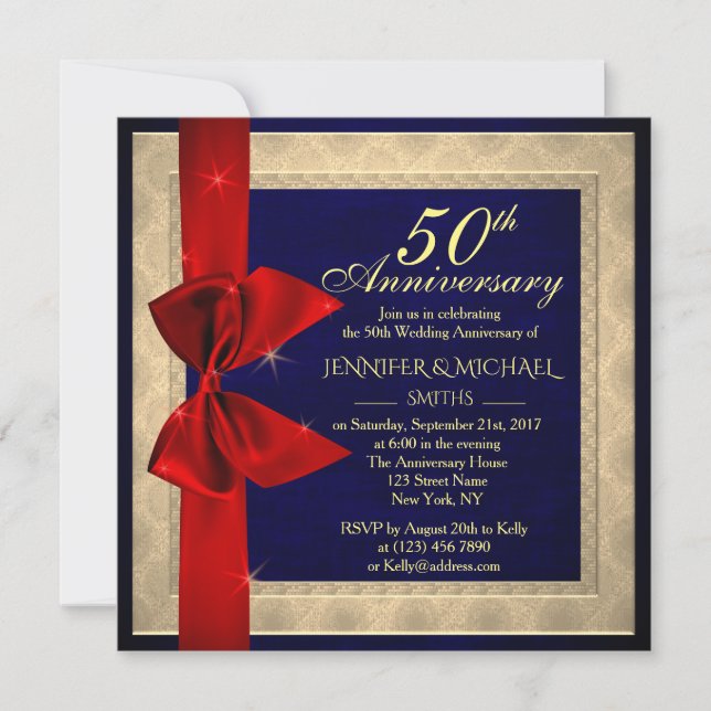 Elegante invitación al aniversario del boda azul r (Anverso)