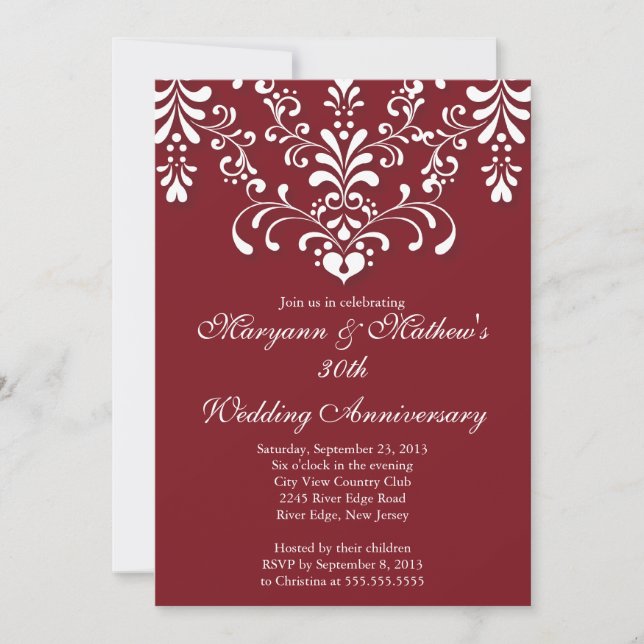 Elegante invitación al Aniversario del Boda Rojo d (Anverso)