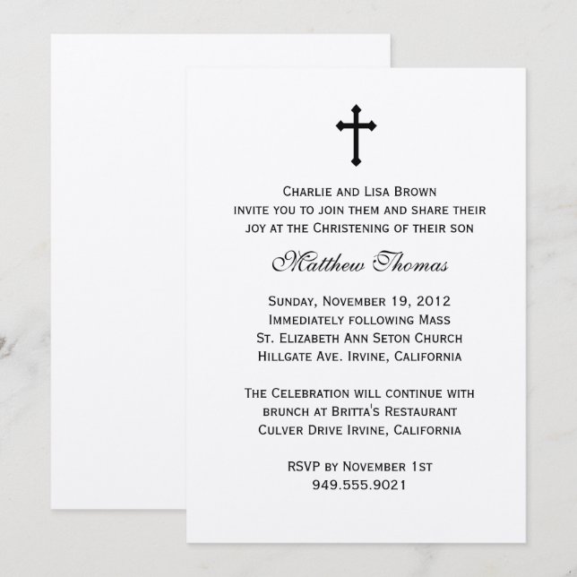 Elegante invitación al bautismo (Anverso / Reverso)