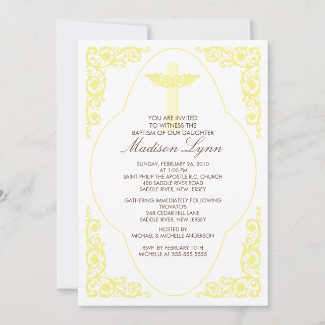 Elegante invitación al bautismo amarillo (Anverso)