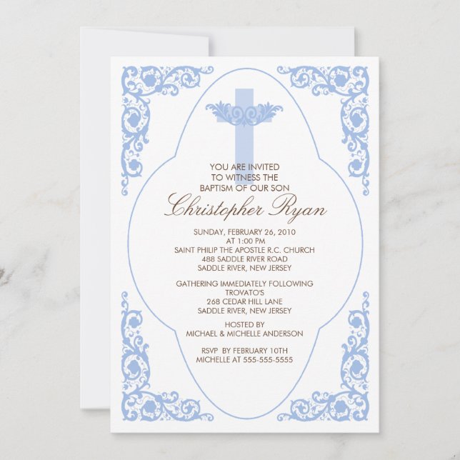 Elegante invitación al Bautismo Azul (Anverso)