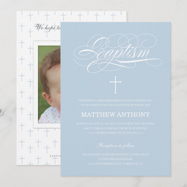 Elegante invitación al bautismo azul | Cristalizac (Anverso / Reverso)