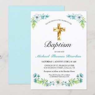 Elegante Invitación al bautismo azul de niño cruza