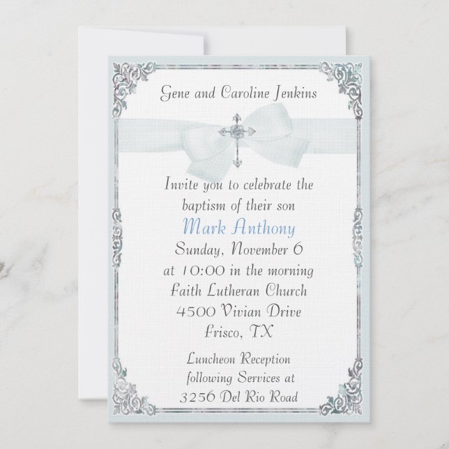 Elegante invitación al bautismo azul y blanco (Anverso)