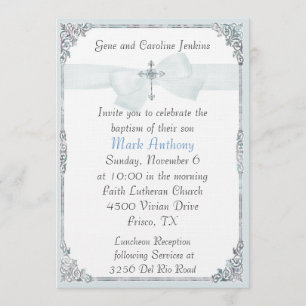 Elegante invitación al bautismo azul y blanco
