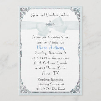 Elegante invitación al bautismo azul y blanco