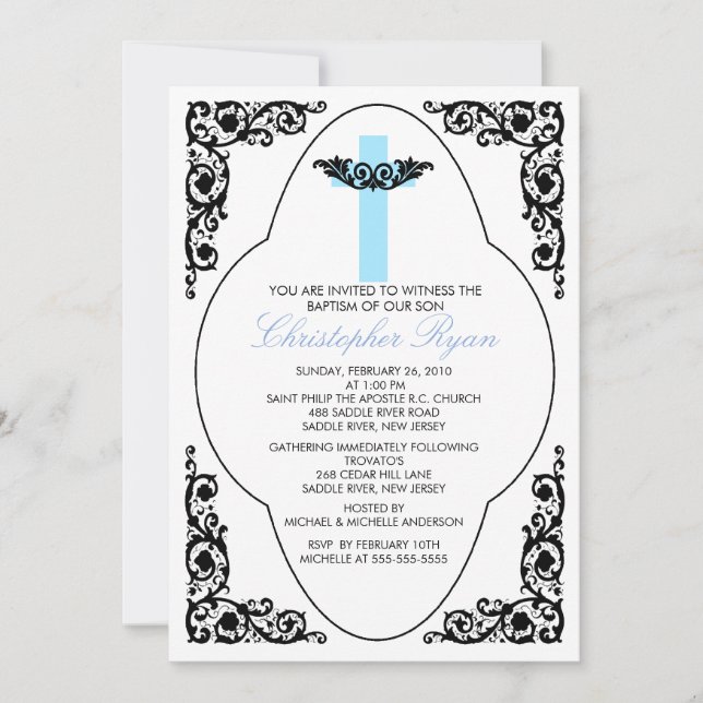 Elegante invitación al Bautismo Azul y Negro (Anverso)
