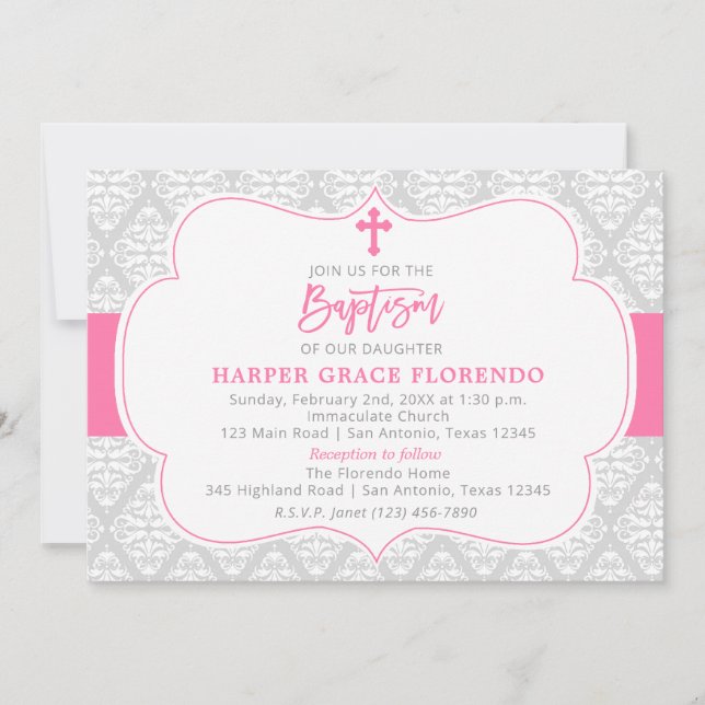 Elegante invitación al bautismo Chica rosado (Anverso)