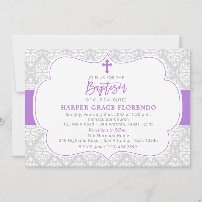 Elegante invitación al bautismo Chica violeta (Anverso)