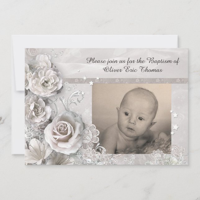Elegante invitación al bautismo con foto (Anverso)
