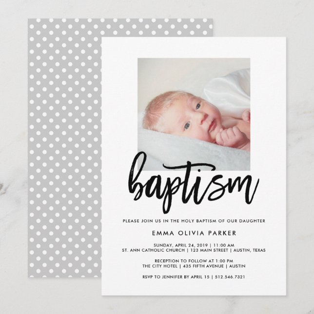 Elegante invitación al bautismo con foto del bebé (Anverso / Reverso)