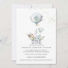 Elegante invitación al bautismo con globos azules