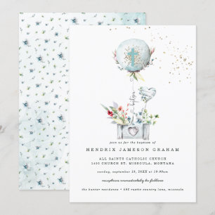 Elegante invitación al bautismo con globos azules