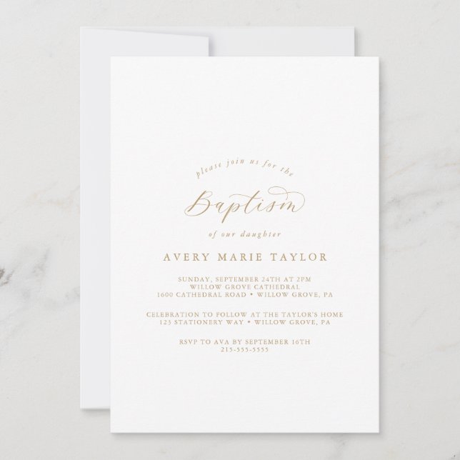 Elegante invitación al bautismo con guión de oro (Anverso)