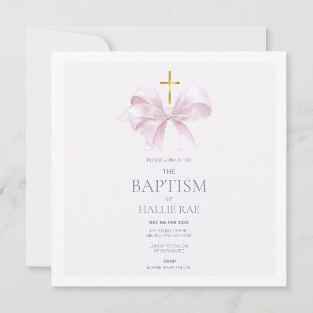 Elegante invitación al bautismo, cruz rosa de vaca (Anverso)