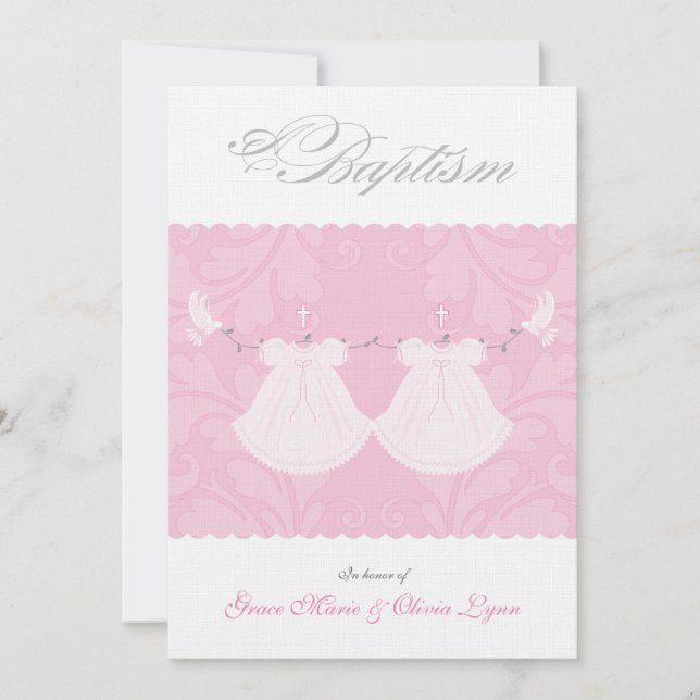 Elegante Invitación al bautismo de bebé gemela (Anverso)