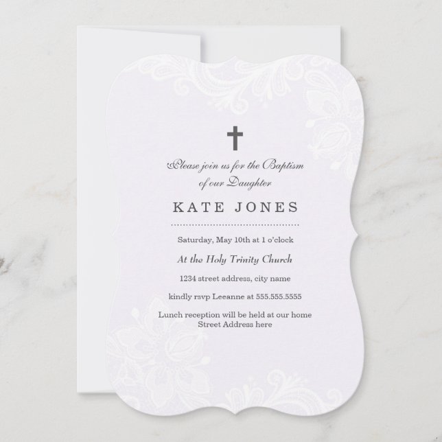 Elegante invitación al bautismo de encaje morado b (Anverso)