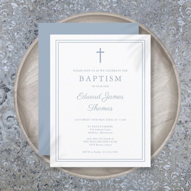 Elegante invitación al bautismo de la frontera azu (Elegant Dusty Blue Border Baptism Invitation Postcard)