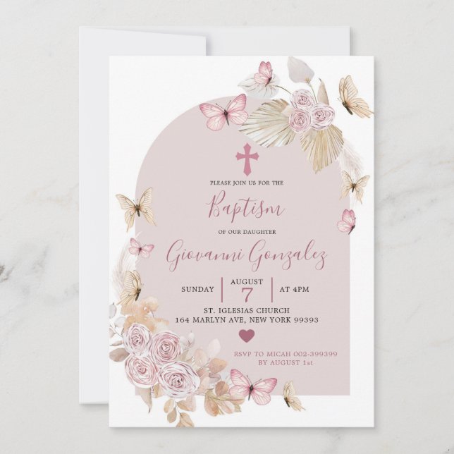 Elegante invitación al bautismo de mariposa de Boh (Anverso)