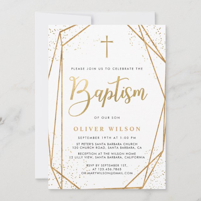 Elegante invitación al bautismo de niño dorado (Anverso)